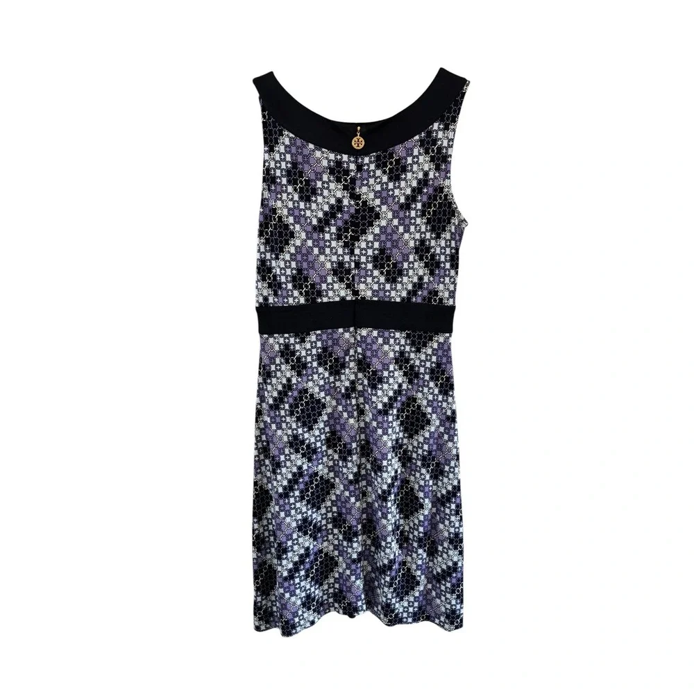 Tory Burch Silk Dress Womens M Black Purple Geometric Logo Quiet‎ Luxury